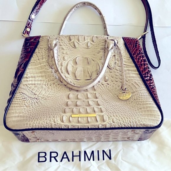 Brahmin Ivory Croc-Embossed Satchel with Brown Trim - Picture 9 of 9